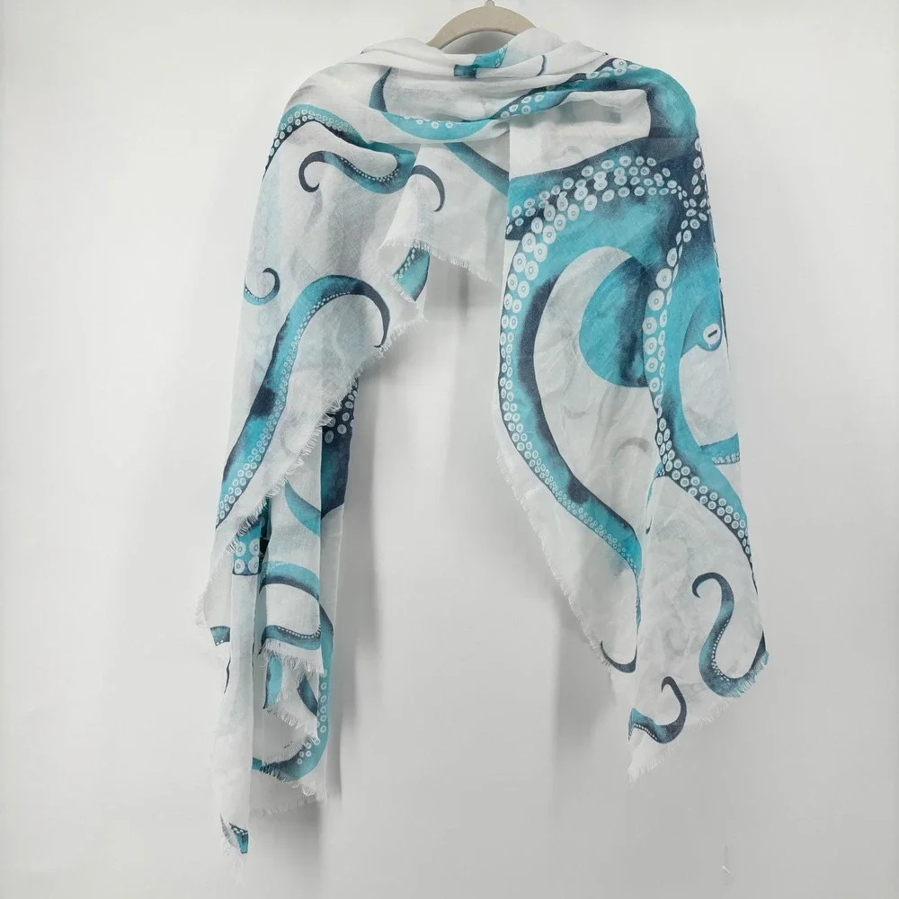 JC Sunny Just Classic Blue Octopus Print 100% Cotton Scarf Frayed Edge 28x70 - Picture 1 of 7